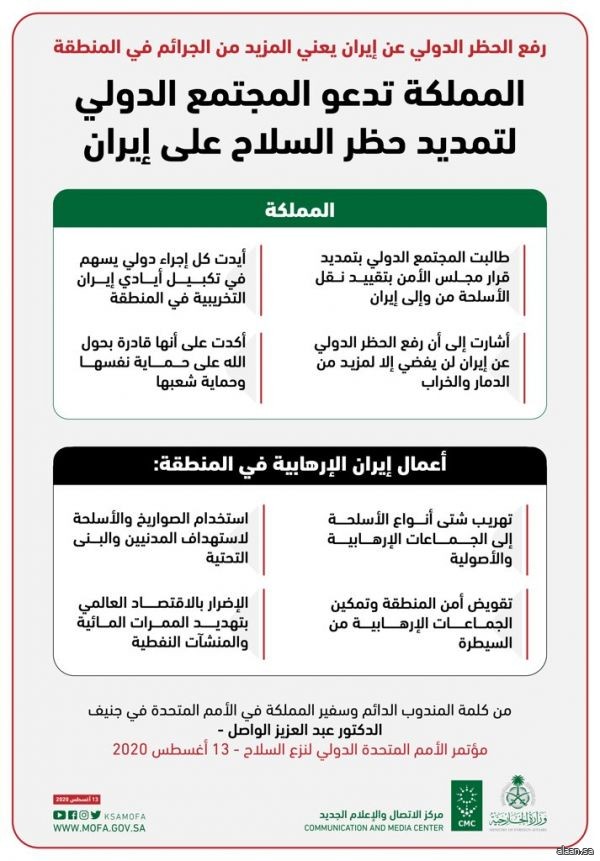 المملكة تدعو المجتمع الدولي لتمديد حظر السلاح على إيران