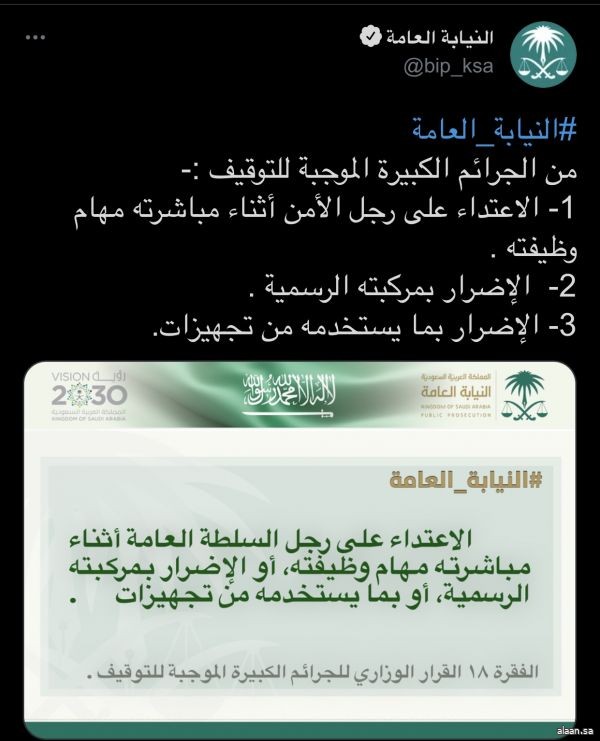 النيابة العامة: الاعتداء على رجل الأمن أثناء مباشرته مهامه من الجرائم الكبيرة الموجبة للتوقيف
