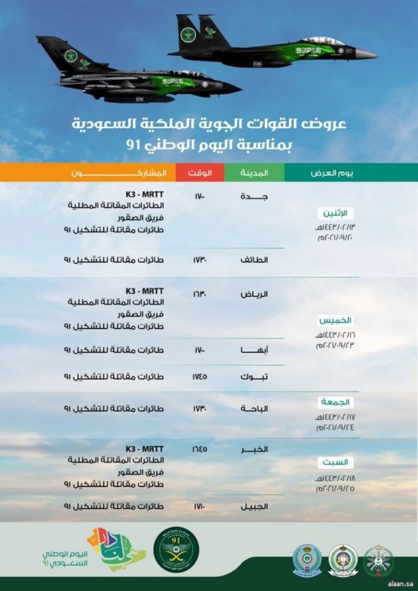 الجدول الزمني لعروض ⁧‫#القوات_الجوية_الملكية_السعودية‬⁩ بمناسبة ⁧‫#اليوم_الوطني91‬⁩
