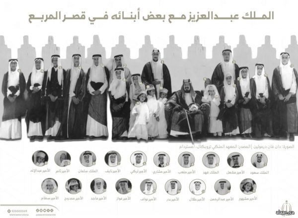 "الدارة" تنشر صورة تاريخية للملك عبدالعزيز مع عددٍ من أبنائه في قصر المربّع