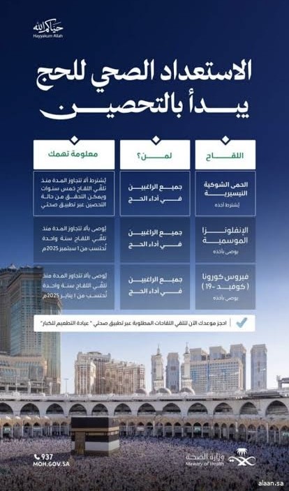 الصحة تطلق حملة التطعيم لموسم حج 1447هـ وتحث الراغبين في الحج والممارسين على المبادرة بأخذ اللقاحات