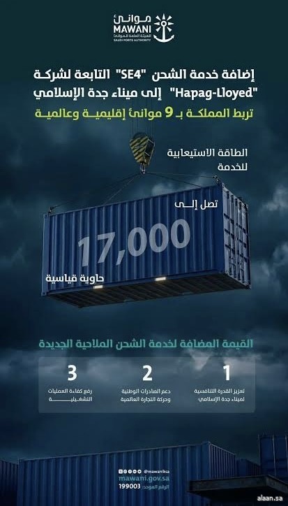 "موانئ" تضيف خدمة الشحن "se4" التابعة لشركة "hapag-lloyd"إلى ميناء جدة الإسلامي