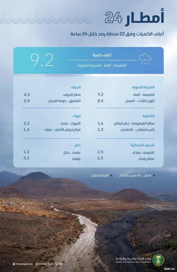 "البيئة": 22 محطة رصد تُسجّل هطول أمطار في 7 مناطق.. ومحافظة العلا بالمدينة المنورة الأعلى كميةً بـ 9,2 ملم