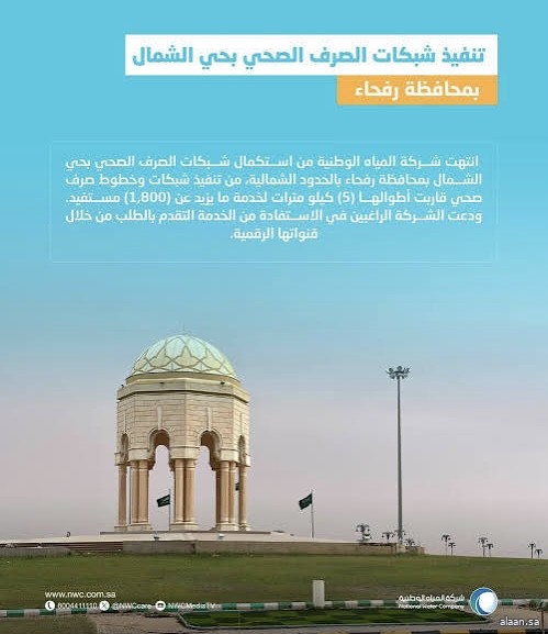 "المياه الوطنية" تنتهي من تنفيذ شبكات الصرف الصحي بحي الشمال في محافظة رفحاء