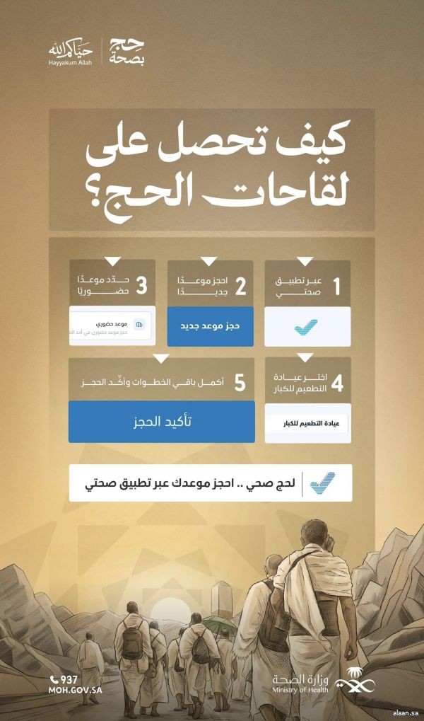 "الصحة" توضح آلية حجز لقاحات الحج عبر تطبيق "صحتي" بخطوات ميسّرة لضيوف الرحمن
