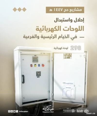 «كدانة» تستكمل إحلال واستبدال 298 لوحة كهربائية في خيام المشاعر المقدسة لتعزيز معايير السلامة وكفاءة التشغيل