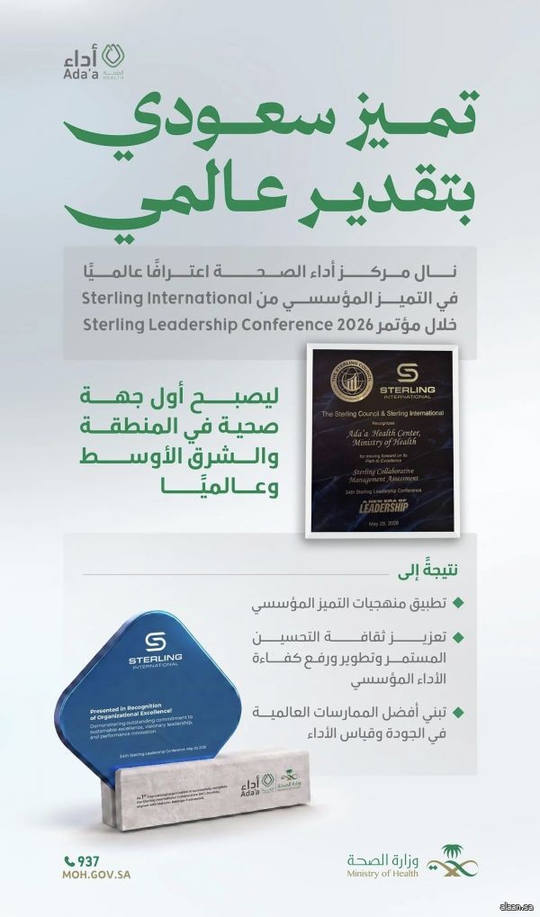 لأول مرة في الشرق الأوسط .. مركز "أداء الصحة" التابع لوزارة الصحة يحصل على شهادة تقدير "سترلينغ العالمية"