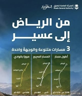 ثلاثة مسارات من الرياض إلى أبها عبر شبكة طرق متطورة لدعم السياحة